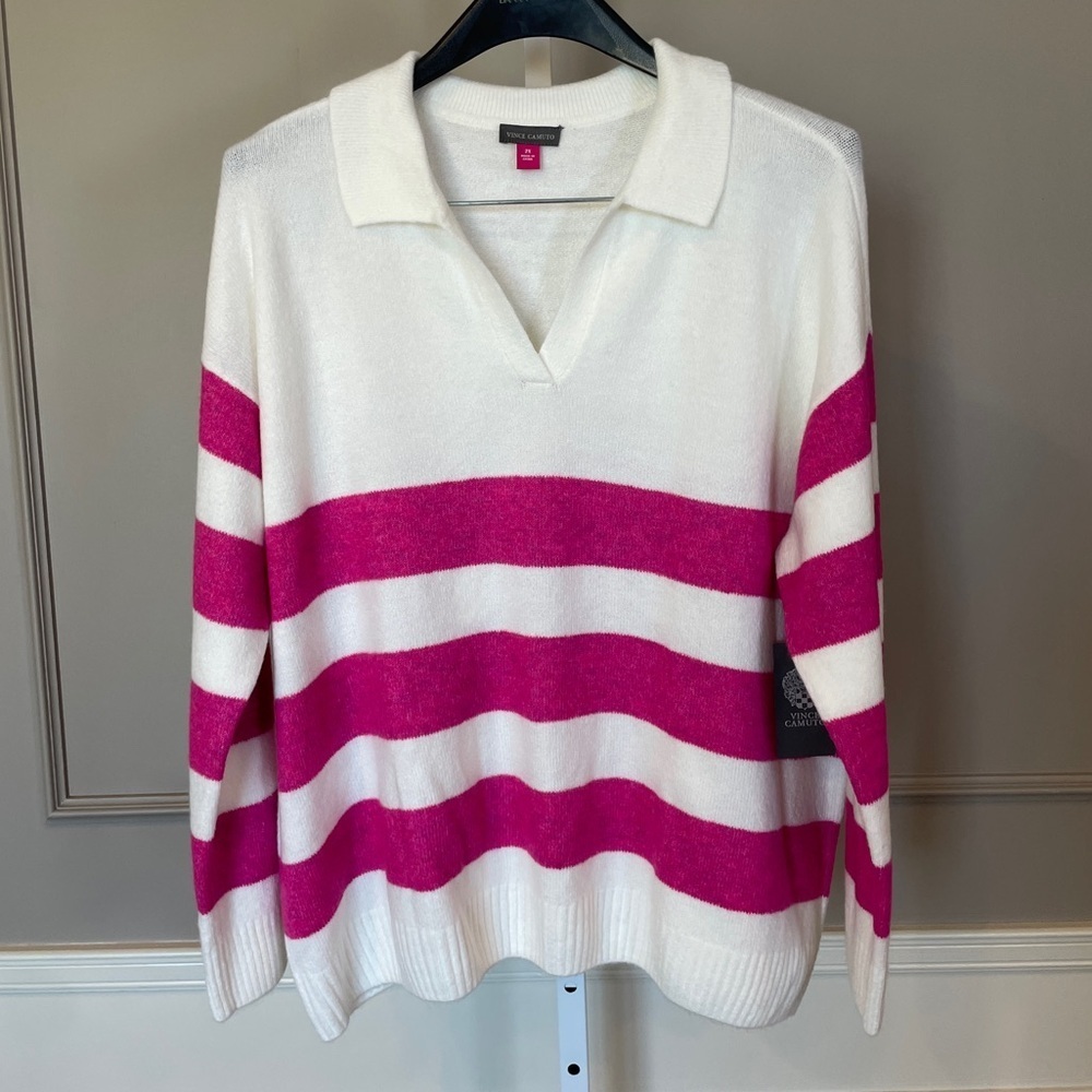 Vince Camuto NWT Sweater 2XL White Pink New Romantic Wide Stripe Collar Preppy